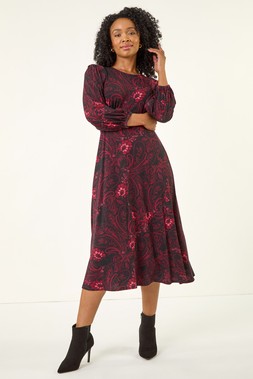 Roman Petite Wine Abstract Print Midi Stretch Dress