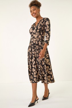 Roman Taupe Abstract Floral Print Wrap Midi Dress