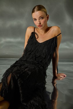Roman Dusk Black Frill Stretch Maxi Dress