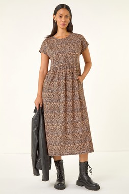 Roman Dusk Biscuit Leopard Print Midi Stretch Dress