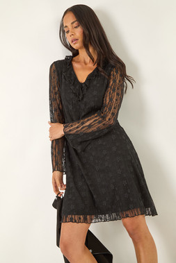 Roman Petite Black Floral Frill Lace Dress