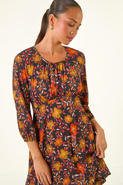 Petite Orange Floral Gathered Short Dress