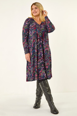 Navy Paisley Soft Stretch V-Neck Dress
