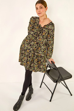 Roman Floral Print Button Stretch Dress