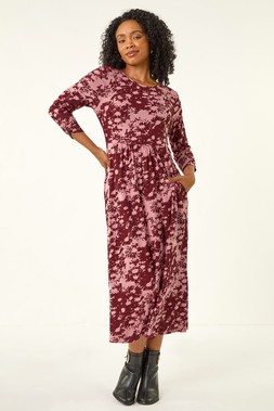 Roman Petite Wine Floral Abstract Stretch Midi Dress