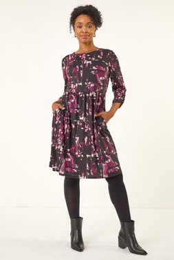 Roman Petite Plum Abstract Gathered Stretch Dress