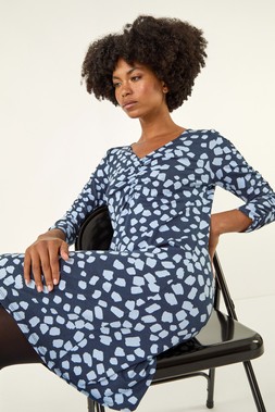 Roman Navy Geometric Gathered A-Line Dress