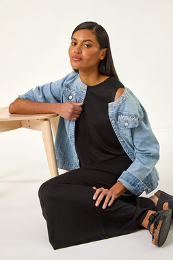 Roman Light Denim Pearl Detail Collarless Jacket