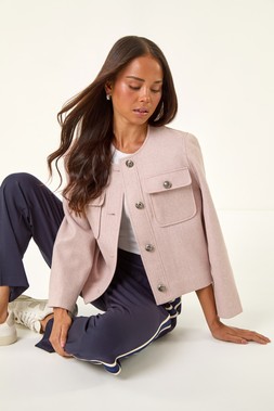 Roman Petite Light Pink Petite Button Up Pocket Jacket