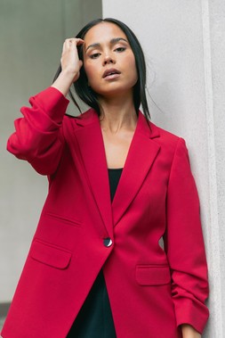 Roman Petite Red Ruched Buttoned Blazer