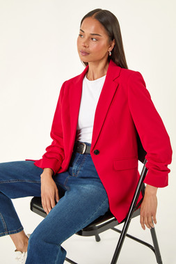 Roman Petite Red Ruched Buttoned Blazer
