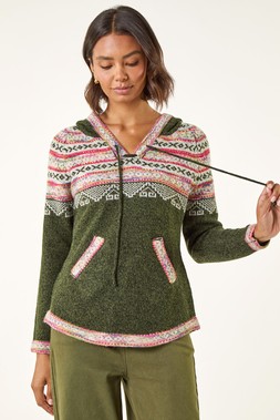 Roman Khaki Nordic Print Hooded Jumper