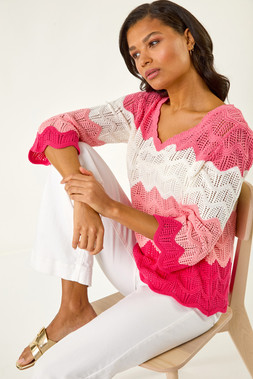 Roman Colour Block Crochet Knit Scalloped Jumper