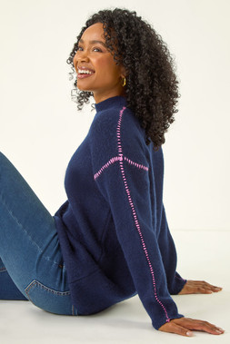 Roman Petite Navy Contrast Stitch Jersey Jumper