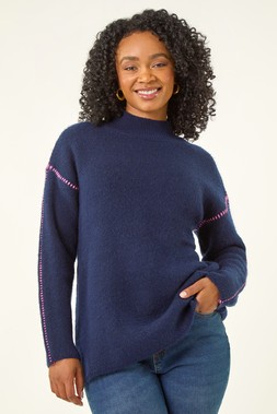Roman Petite Navy Contrast Stitch Jersey Jumper