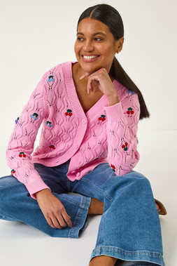 Roman Pink Embroidered Cherry V-Neck Knit Cardigan