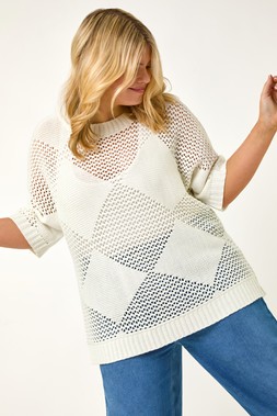 Roman Curve Ivory Metallic Diamond Knit Top