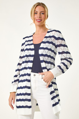Roman Petite Navy Stripe Pointelle Knit Cardigan