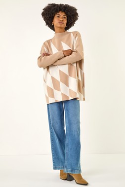 Natural Geometric Plaid Knit Poncho