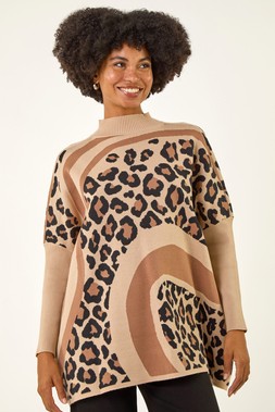 Tan Abstract Leopard Knit Jumper