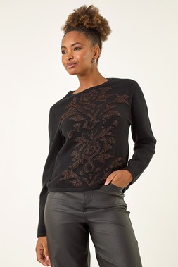 Roman Black Glitter Embossed Knit Top