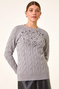 Roman Grey Embellished Cable Knit Jumper