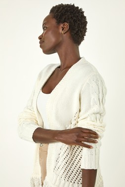 Roman Ivory Lightweight Fringe Hem Knit Cardigan