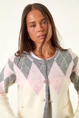 Roman Petite Ivory Buttoned Argyle Knit Cardigan
