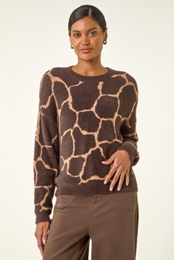 Roman Chocolate Fluffy Animal Print Knit Jumper