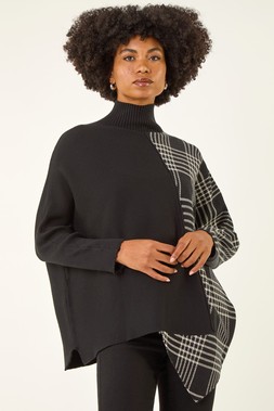 Black Plaid High Neck Knit Jumper