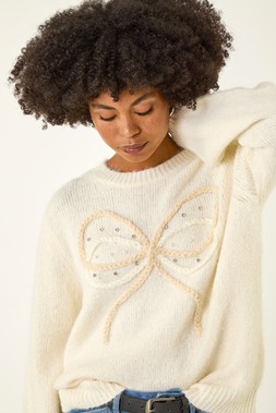 Ivory Faux Pearl Bow Knit Crew Jumper
