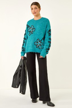 Roman Teal Sequin Floral Knit Jumper