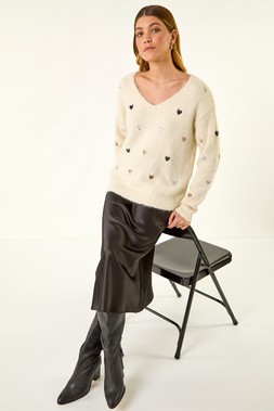 Roman Ivory Sequin Heart Fluffy Knit Jumper