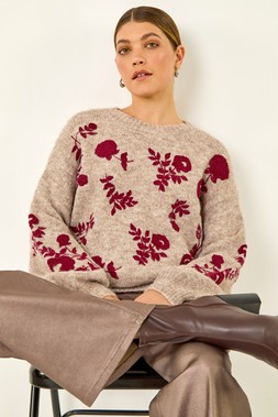 Roman Taupe Floral Crew Neck Knit Jumper