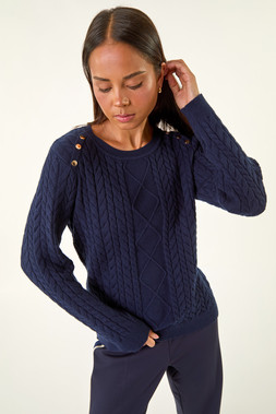 Roman Petite Navy Button Cable Knit Jumper