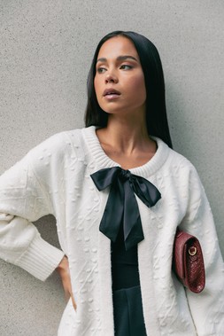 Roman Petite Ivory Tie Front Knit Cardigan