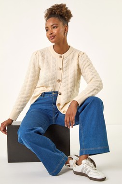 Roman Ivory Textured Buttoned Knit Cardigan