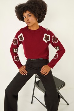 Roman Maroon Embellished Knit Crew Jumper
