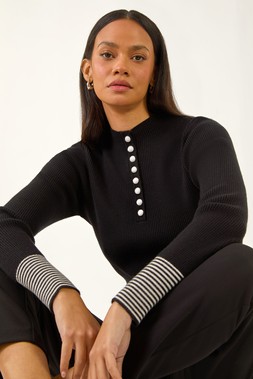 Roman Dusk Black Buttoned Ribbed Knit Jumper