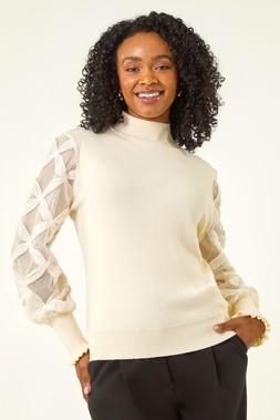 Ivory Petite Lace Sleeve Knit Jumper