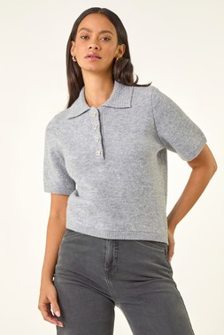 Roman Dusk Grey Embellished Knit Collared Top