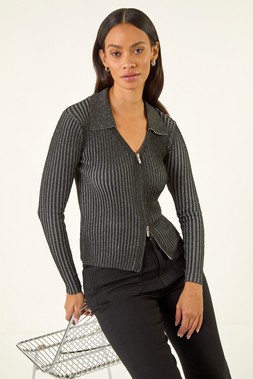 Roman Dusk Pewter Zip Front Collared Knit