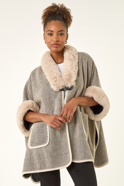 Roman Light Grey Faux Fur Pocket Poncho