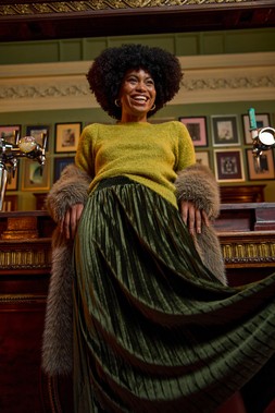 Roman Dark Green Velvet Pleated Midi Skirt