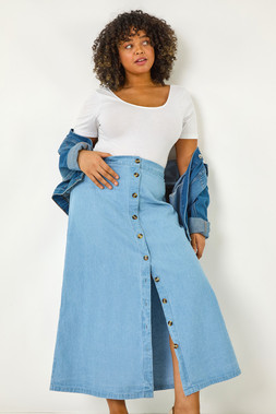 Roman Curve Light Blue Button Through Denim Skirt