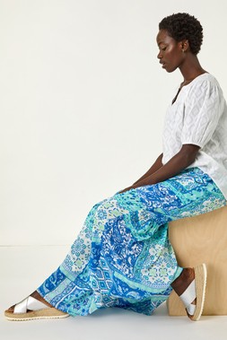 Roman Patchwork Shimmer Tiered Maxi Skirt