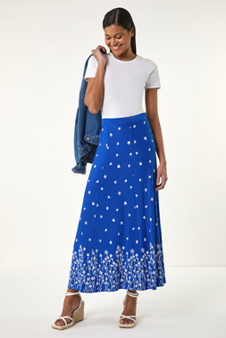 Roman Royal Blue Floral Border Print Stretch Skirt