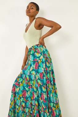 Roman Palm Print Tiered A-Line Skirt