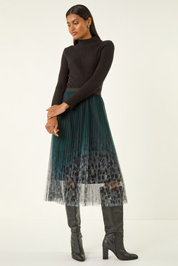 Roman Emerald Printed Pleat Mesh Skirt