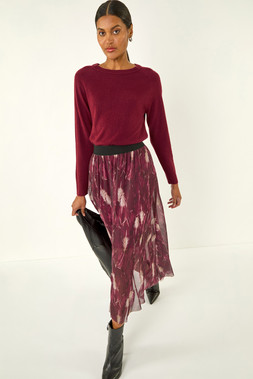 Roman Bordeaux Abstract Print Mesh Overlay Skirt